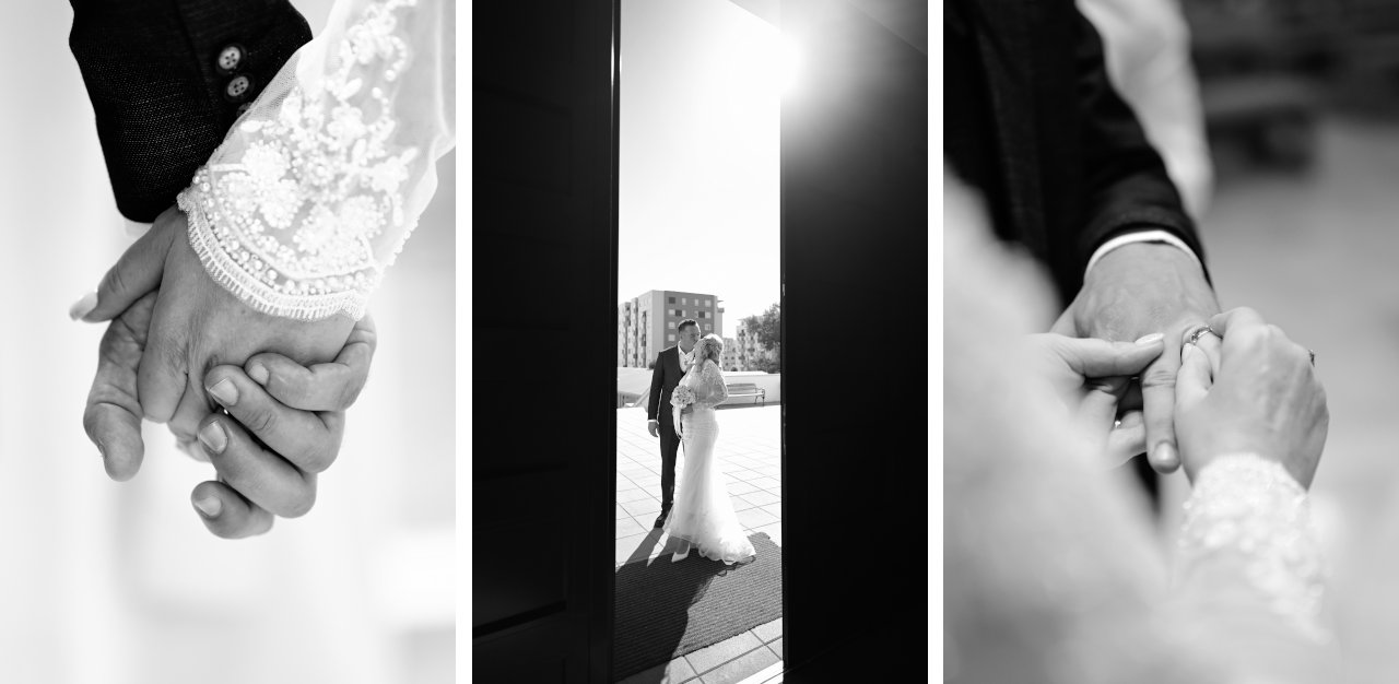 Crnobijeli triptih vjenčanja u Dubravi: detalji ruku s prstenjem i mladenci ispred crkve Ivana Pavla II u Zagrebu.