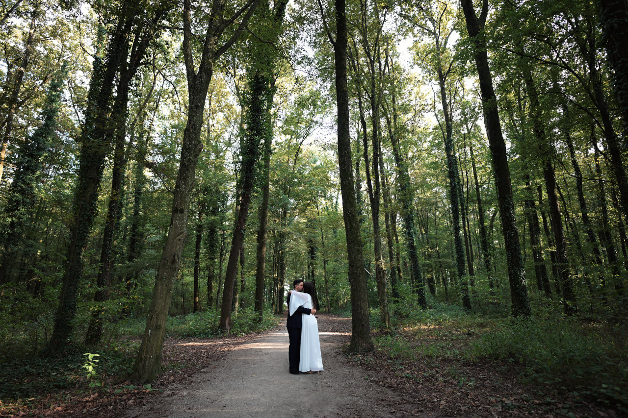Minimalistički kadrirani zagrljeni mladenci okruženi visokim stablima.