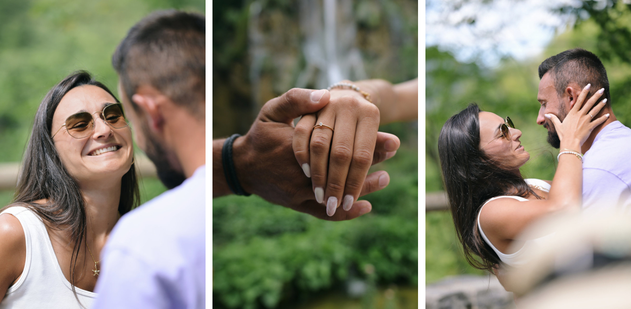 Zaruke na Plitvičkim jezerima i triptih koji prikazuje djevojku i mladića obuzete emocijama, kao i zaručnički prsten.