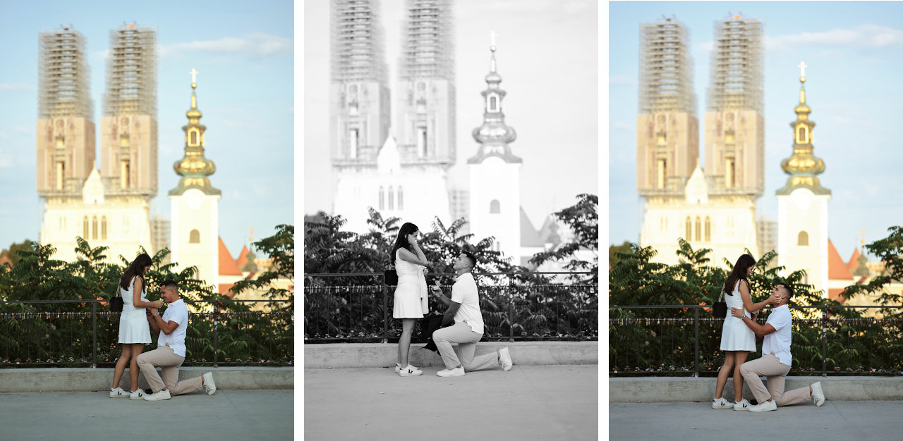 Fotografiranje zaruka – triptih prikazuje trenutak prosidbe na platou Gradec na zagrebačkom Gornjem gradu.