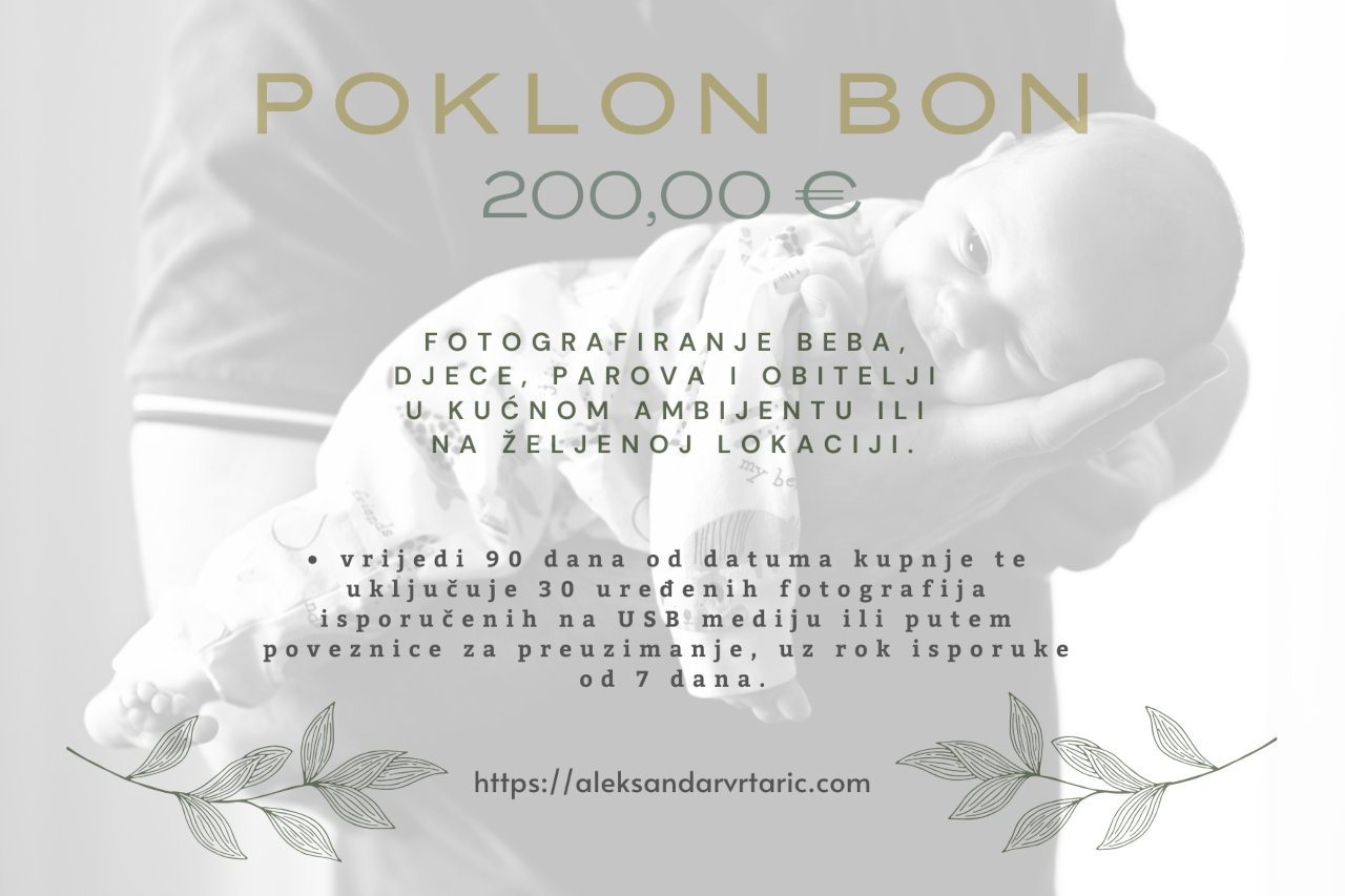 Poklon bon za fotografiranje bebe, djece, parova i obitelji u vrijednosti od 200,00 €.